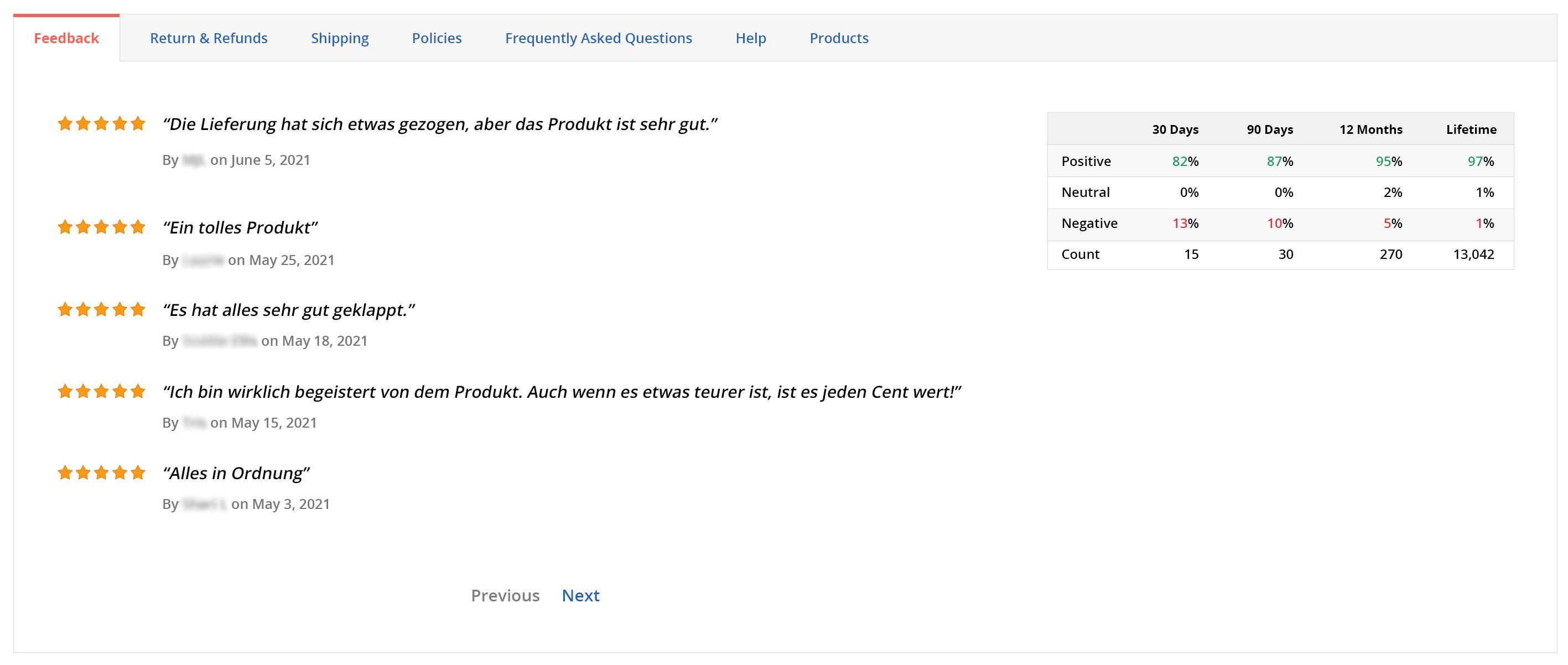 Verkäufer Feedback