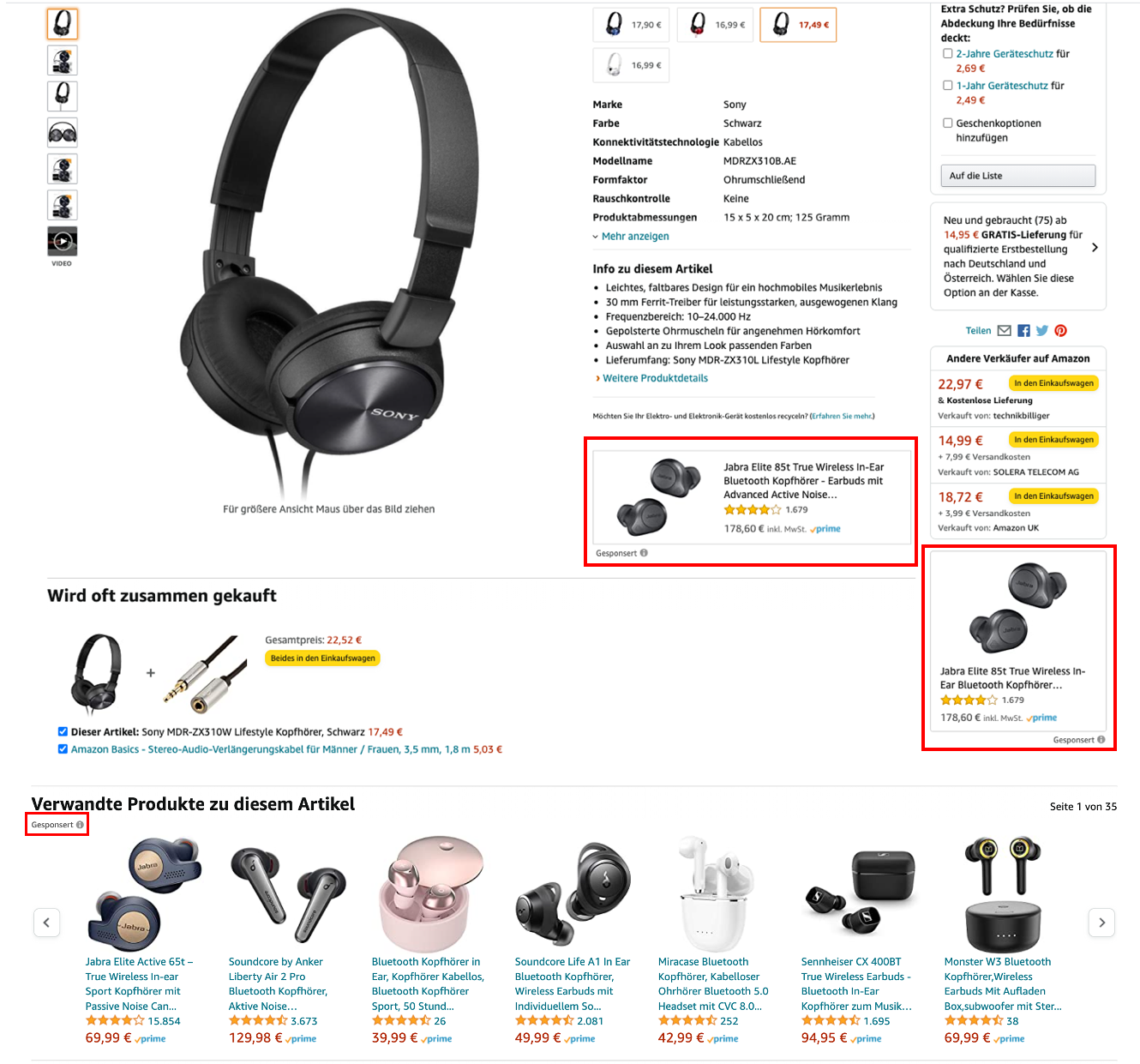 Sponsored Product Ads auf Produktdetailseite 