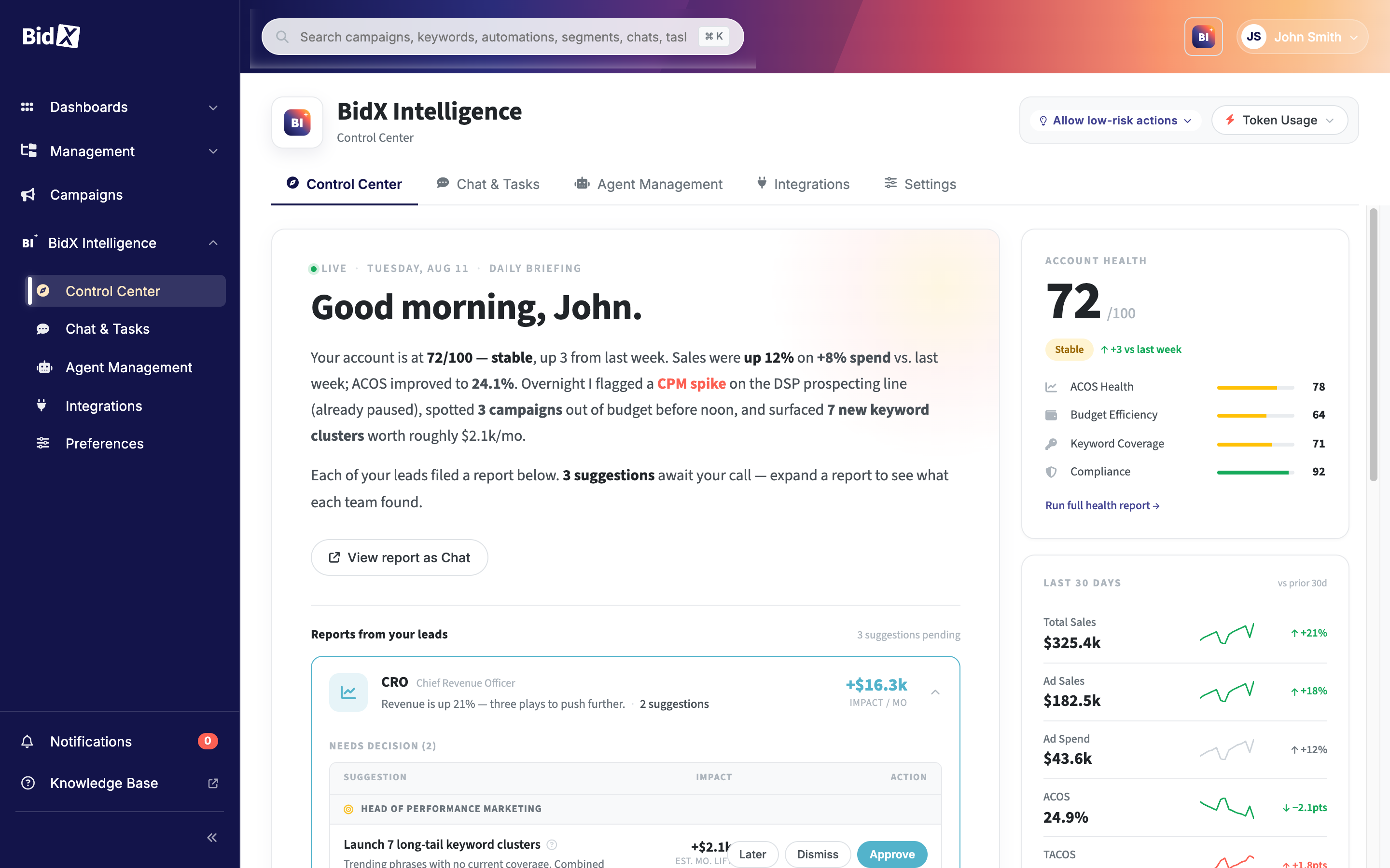 BidX Intelligence Hero Control center