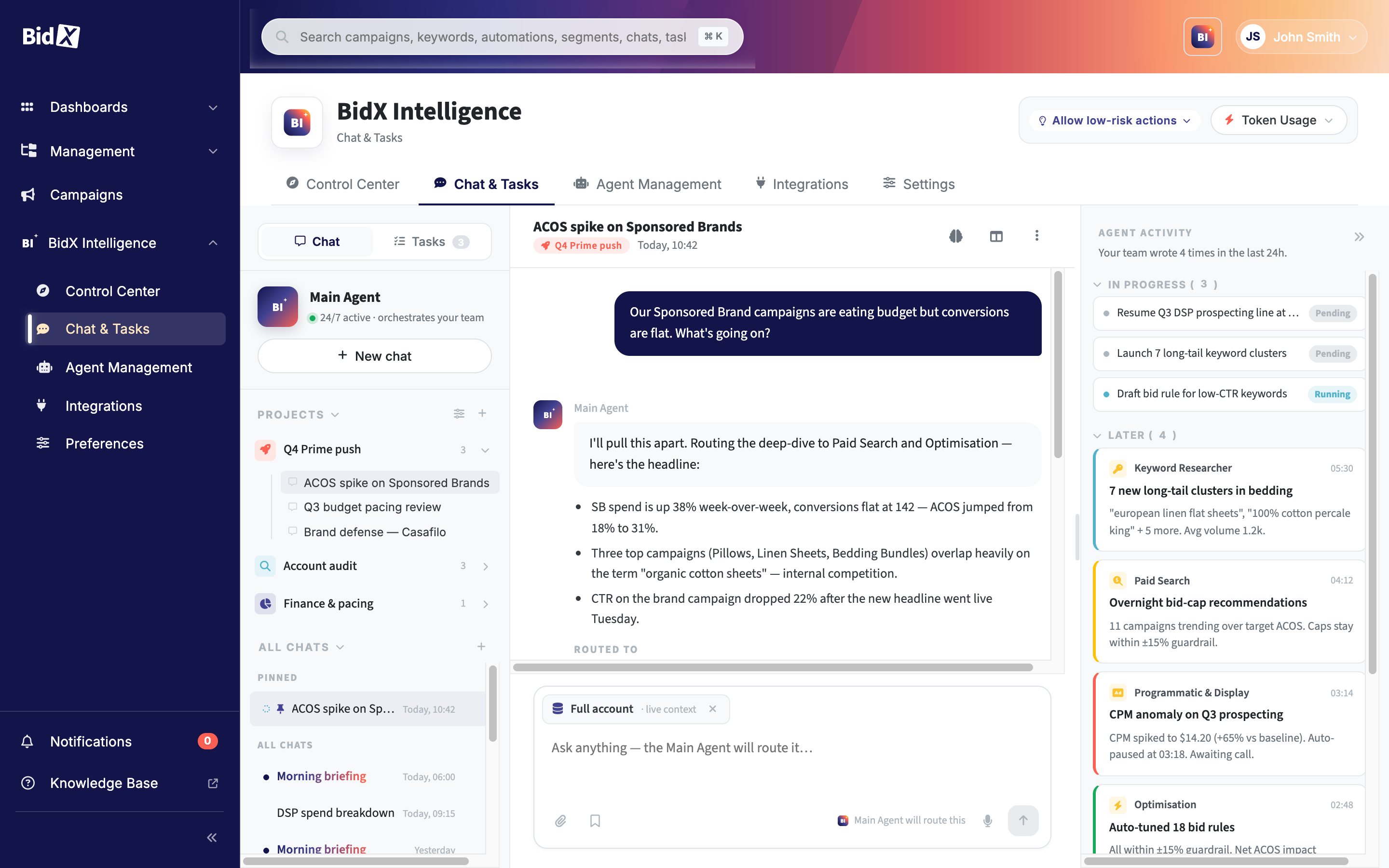 Chat and tasks view in BidX Intelligence